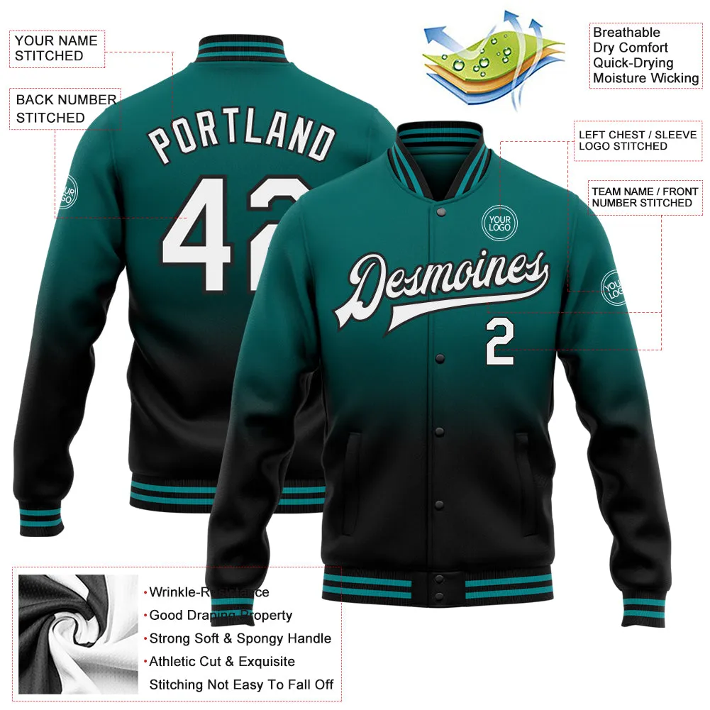 Custom Teal White-Black Bomber Full-Snap Varsity Letterman Fade Fashion Jacket