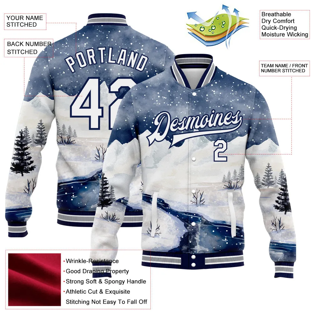 Custom White Navy Watercolor Winter Snow Landscape 3D Pattern Design Bomber Full-Snap Varsity Letterman Jacket