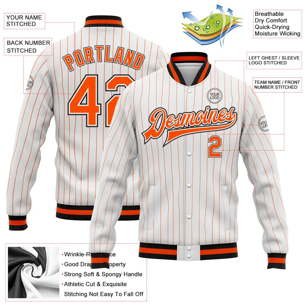 Custom White Orange Pinstripe Orange-Black Bomber Full-Snap Varsity Letterman Jacket