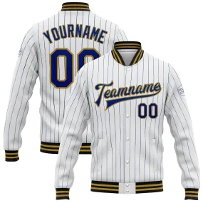 Custom White Royal Pinstripe Old Gold-Black Bomber Full-Snap Varsity Letterman Jacket