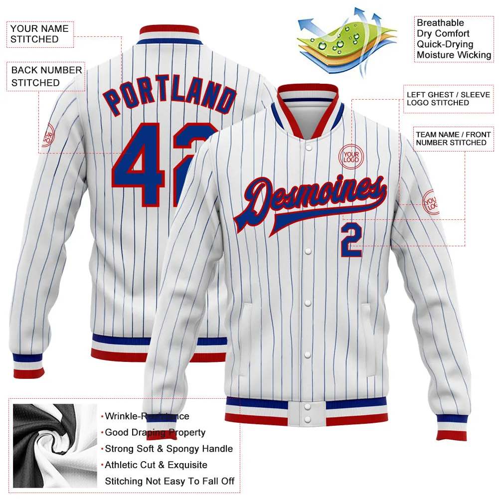 Custom White Royal Pinstripe Royal-Red Bomber Full-Snap Varsity Letterman Jacket