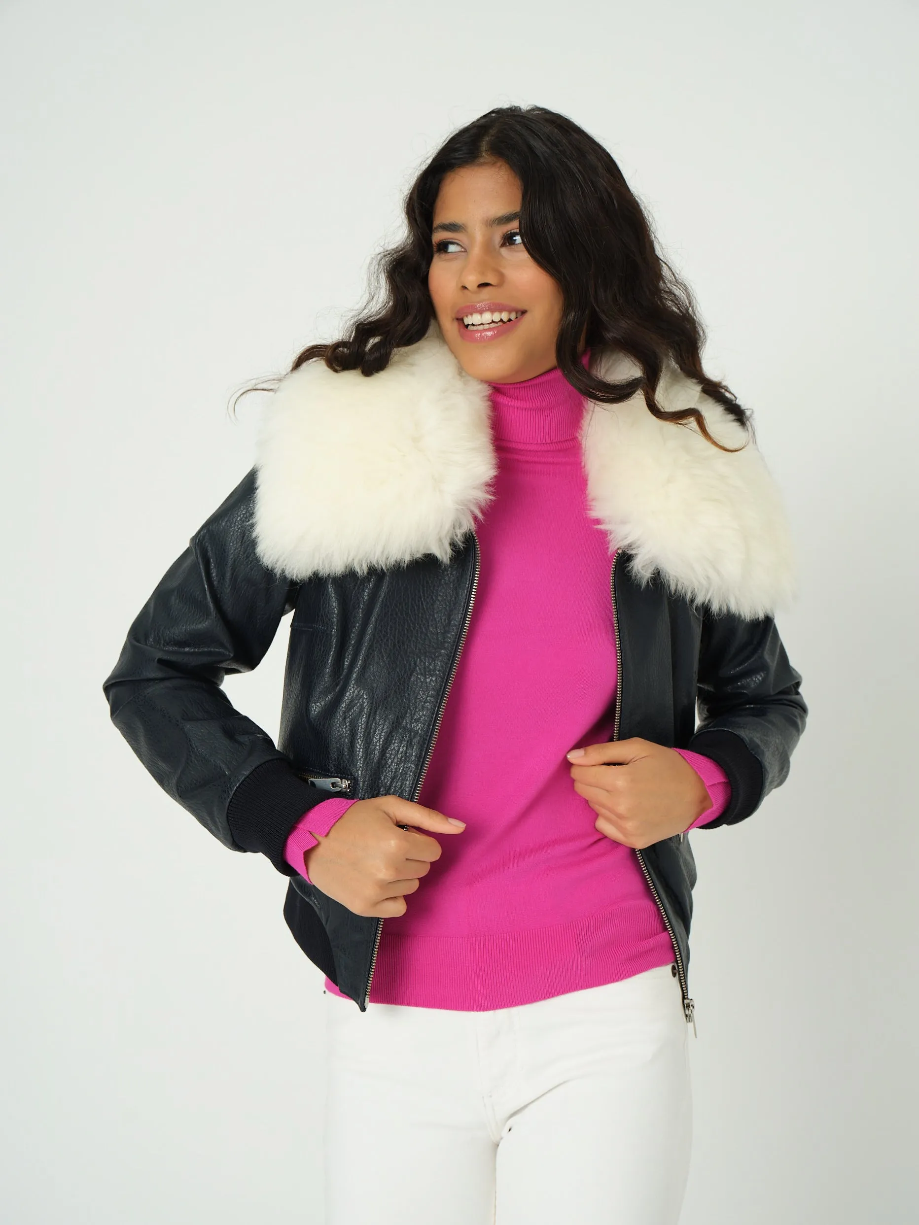 Detachable Natural Shearling Collar Bomber Jacket, Jumbo Pattern Navy