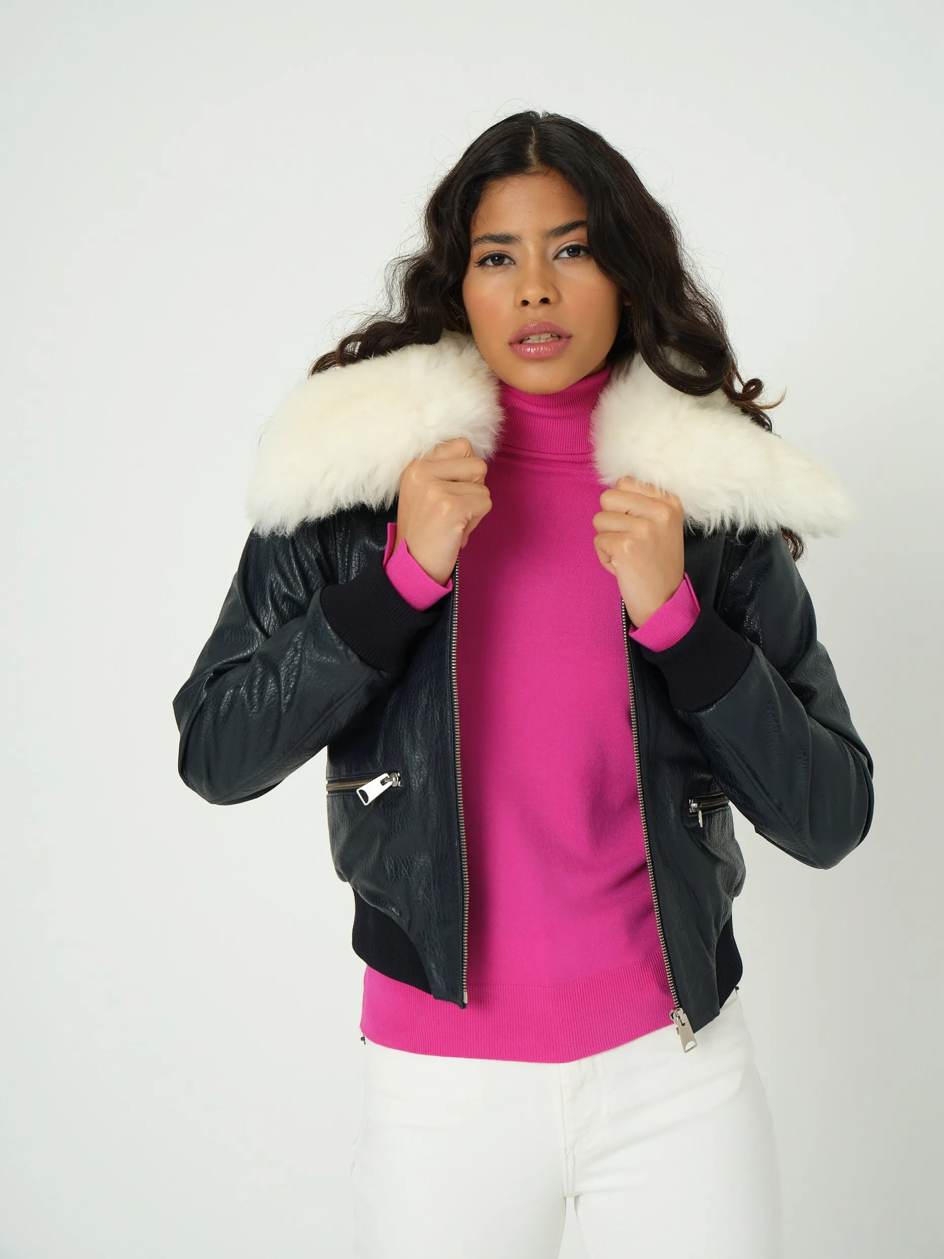 Detachable Natural Shearling Collar Bomber Jacket, Jumbo Pattern Navy