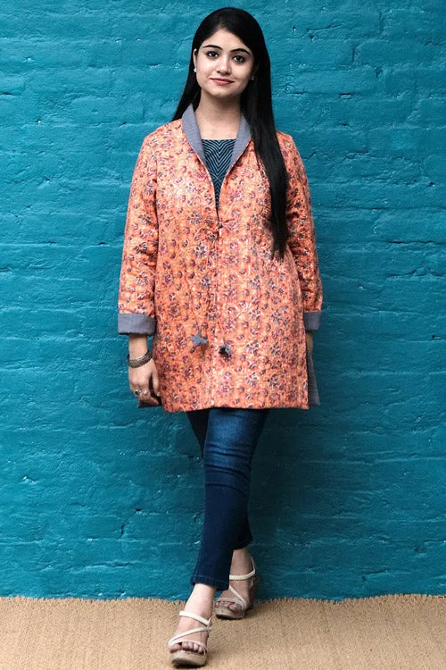 Dharan "Orange Side Yoke Quilted Jacket" Orange-Grey Block Printed Reversible Jacket