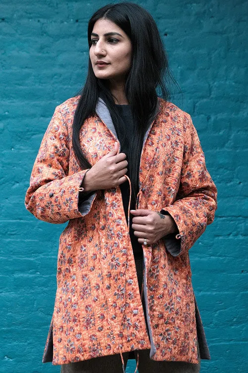 Dharan "Orange Side Yoke Quilted Jacket" Orange-Grey Block Printed Reversible Jacket