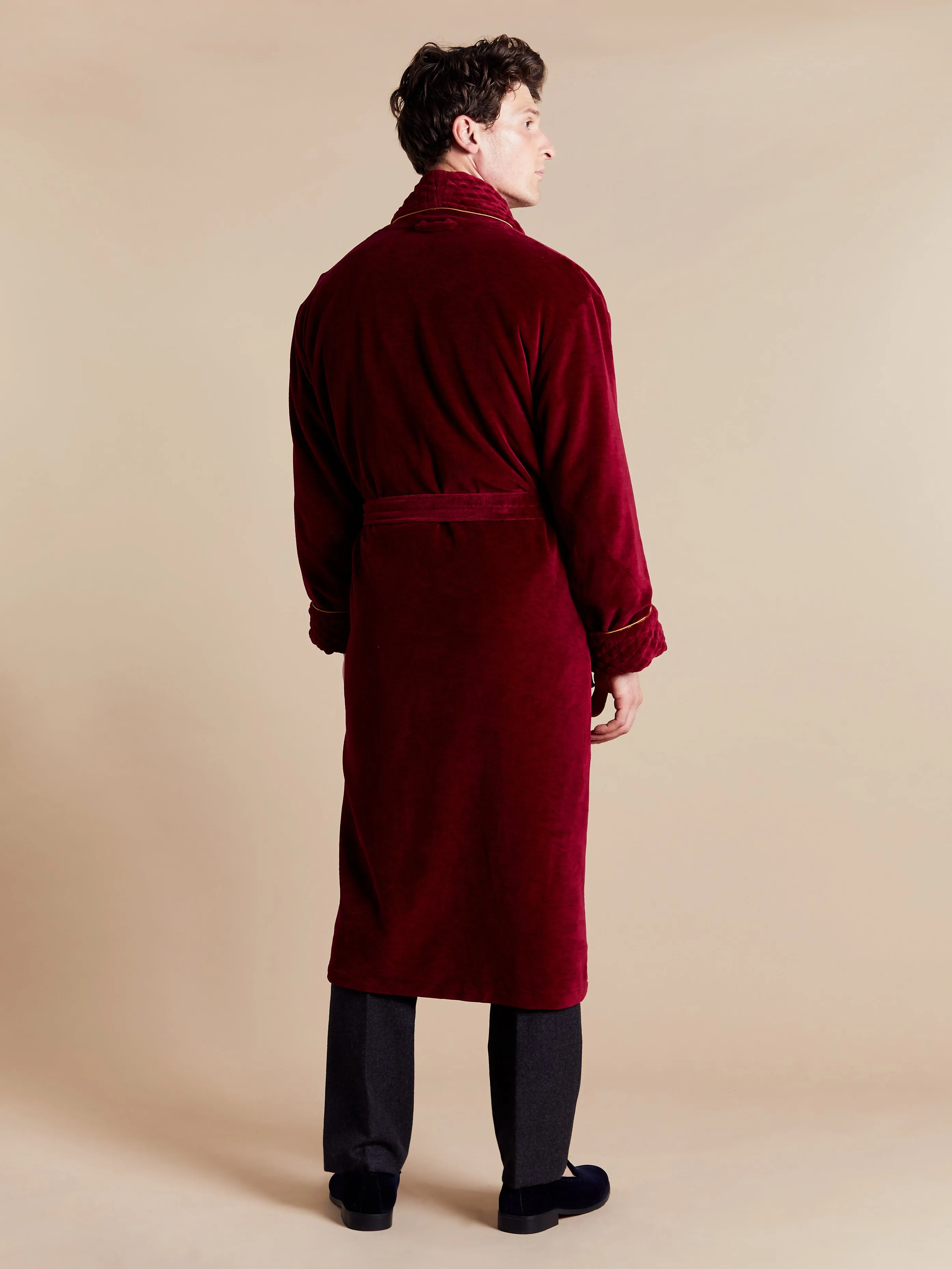 Donington Long Velvet Smoking Jacket in Burgundy