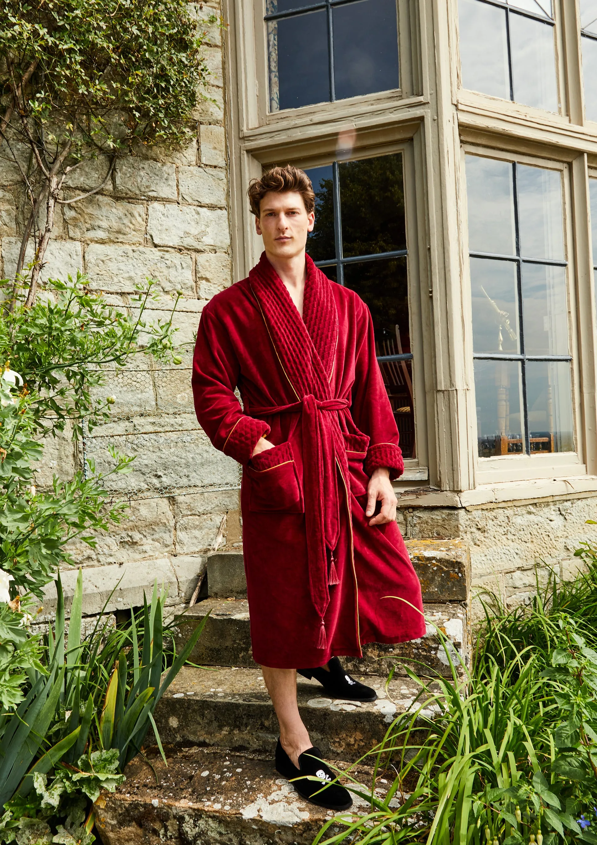 Donington Long Velvet Smoking Jacket in Burgundy