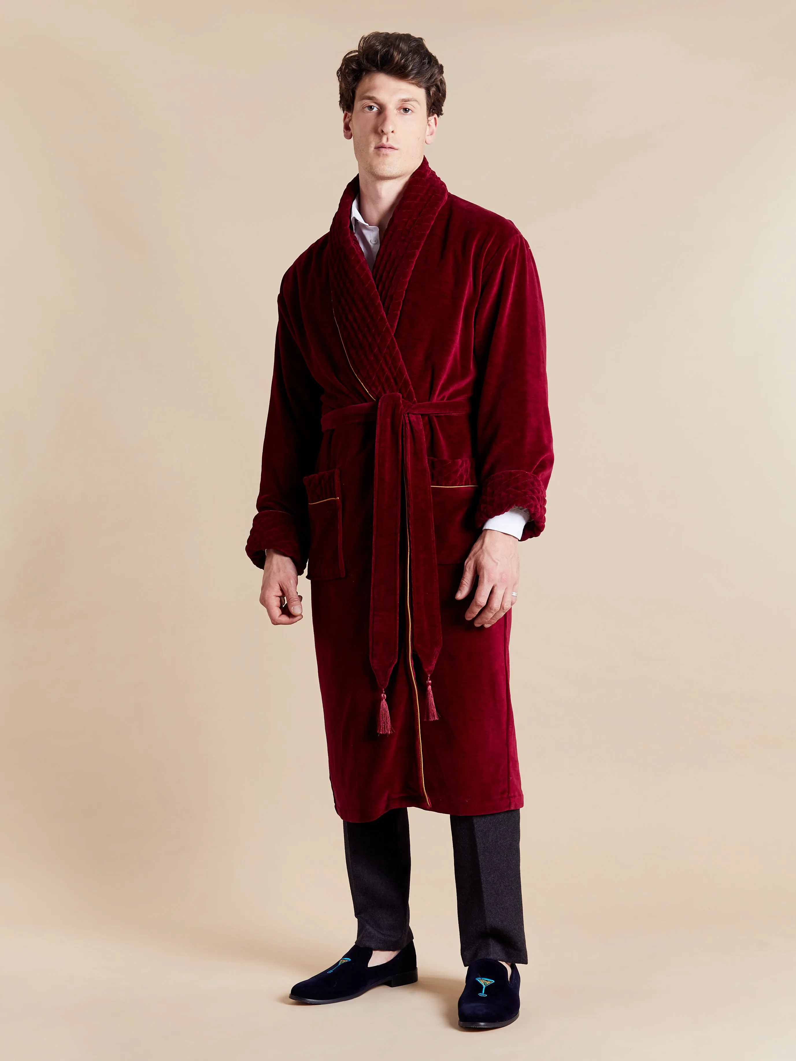 Donington Long Velvet Smoking Jacket in Burgundy