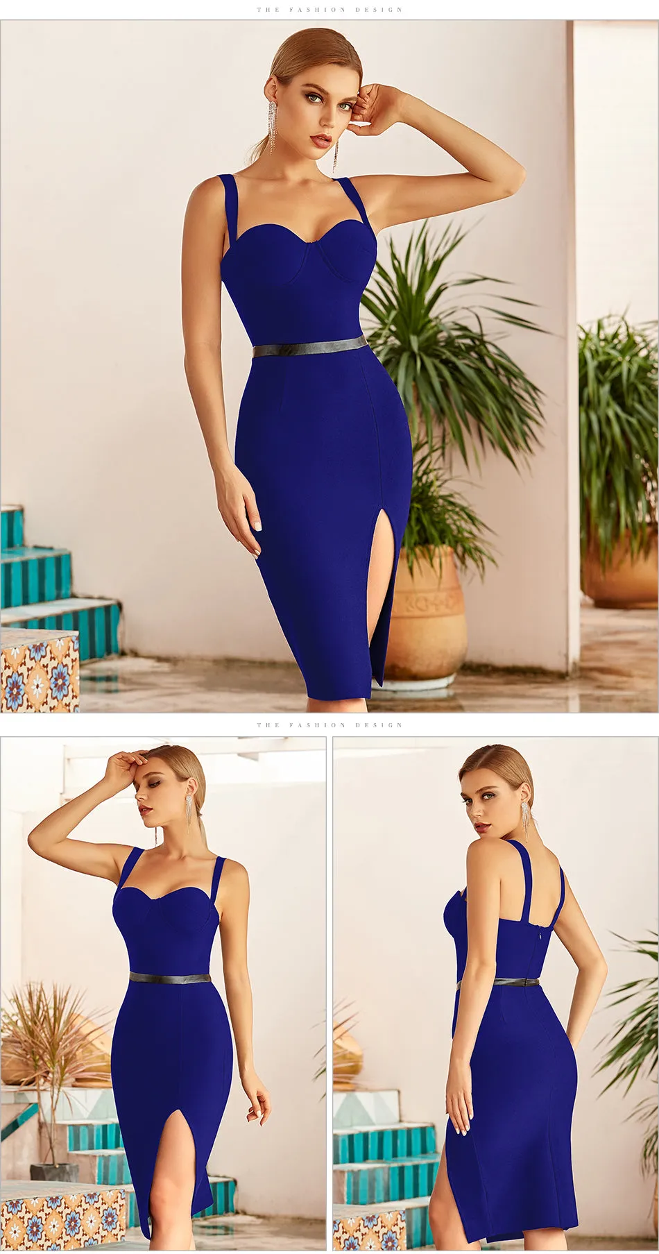 Elegant Black Bodycon Bandage Spaghetti Strap Midi Blue Club Formal Runway Party Dress