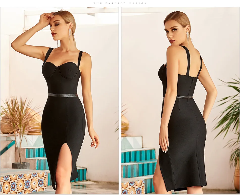 Elegant Black Bodycon Bandage Spaghetti Strap Midi Blue Club Formal Runway Party Dress