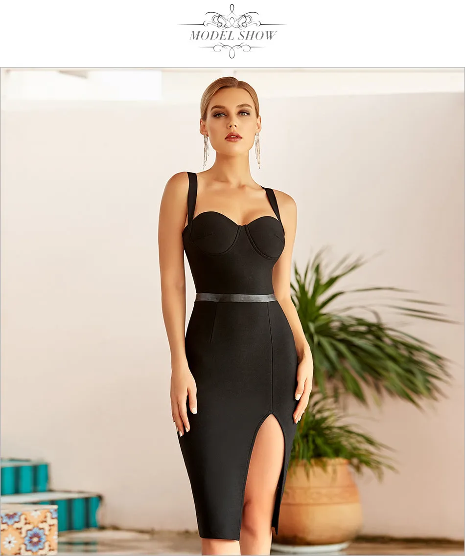 Elegant Black Bodycon Bandage Spaghetti Strap Midi Blue Club Formal Runway Party Dress