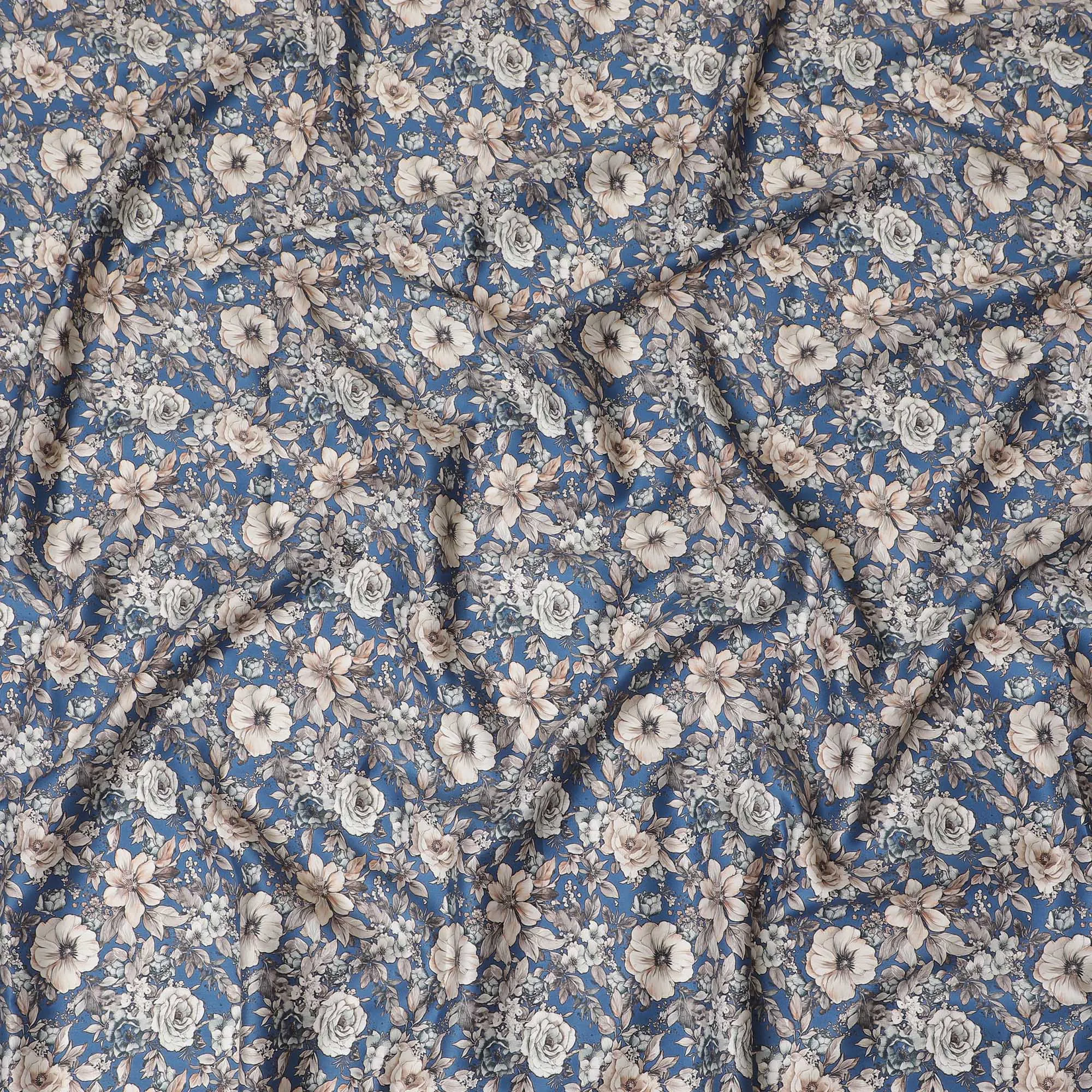 Elegant Blue Cotton Satin Fabric with Cream Floral Design, 110 cm Wide-D19195