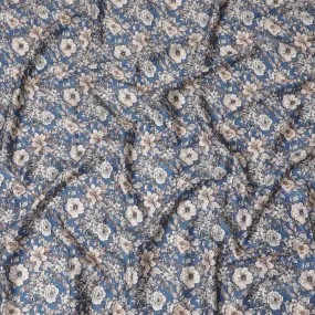 Elegant Blue Cotton Satin Fabric with Cream Floral Design, 110 cm Wide-D19195