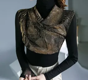 Elegant casual blouse with attached gold scarf