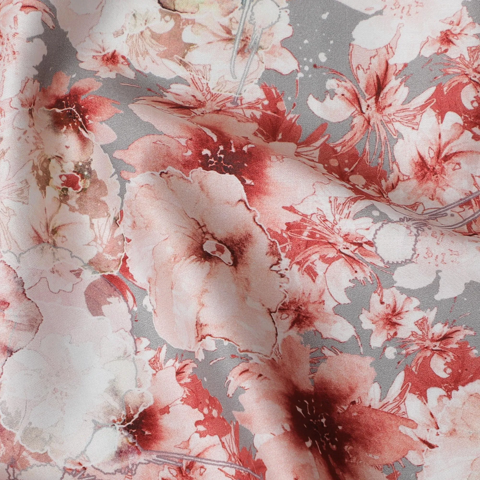 Elegant Grey with Red Floral Cotton Satin Fabric, 110 cm Width-20058