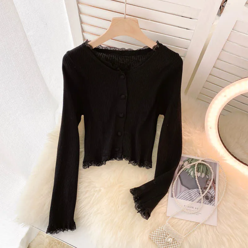 Elegant Lace Women Cardigan Sweater Autumn Casual Long Sleeve Knit Crop Tops Elastic Slim Solid Color 2022 Short Jacket