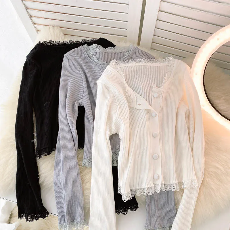 Elegant Lace Women Cardigan Sweater Autumn Casual Long Sleeve Knit Crop Tops Elastic Slim Solid Color 2022 Short Jacket