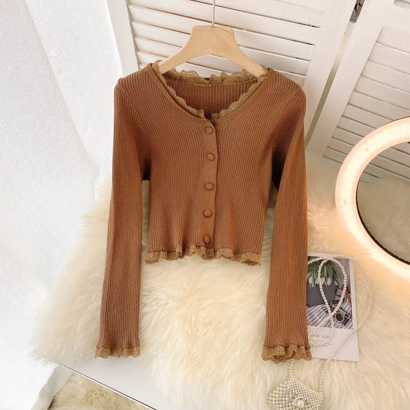 Elegant Lace Women Cardigan Sweater Autumn Casual Long Sleeve Knit Crop Tops Elastic Slim Solid Color 2022 Short Jacket