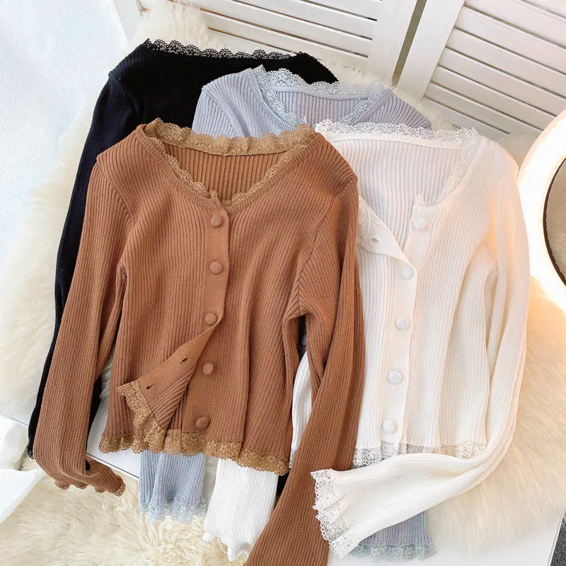 Elegant Lace Women Cardigan Sweater Autumn Casual Long Sleeve Knit Crop Tops Elastic Slim Solid Color 2022 Short Jacket