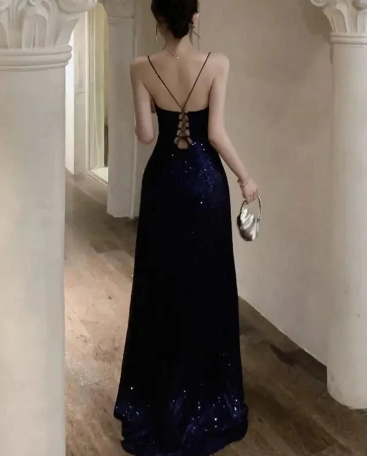 Elegant V-neck Sequin Graduation Dresses Women's Sexy Backless Split Bandage Runway Robe Summer Luxury Formal Occasion Clothes