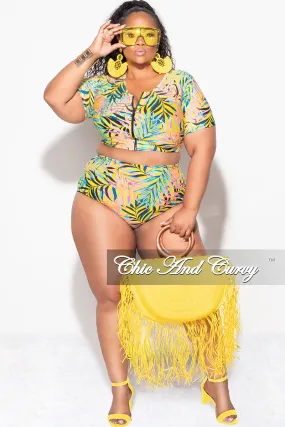 Exclusive Chic And Curvy - Final Sale Plus Size 2pc Swimwear in Yellow Tropical Print