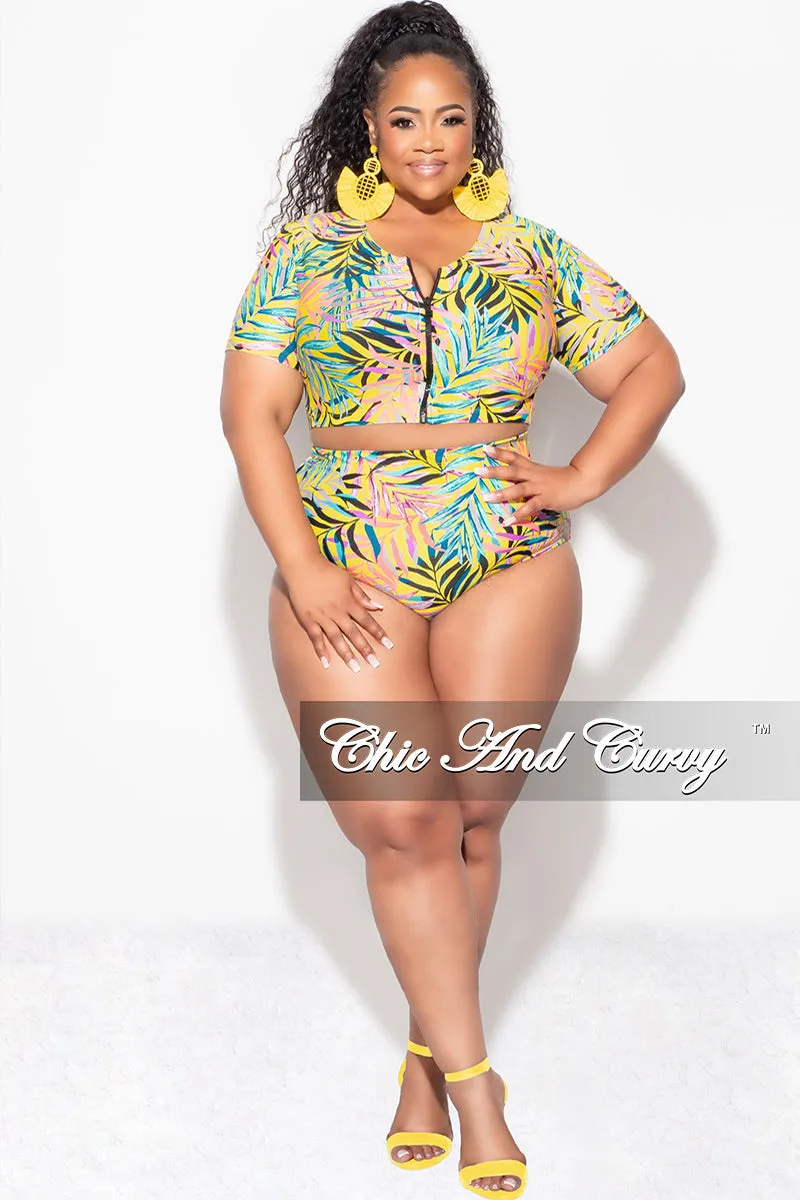 Exclusive Chic And Curvy - Final Sale Plus Size 2pc Swimwear in Yellow Tropical Print