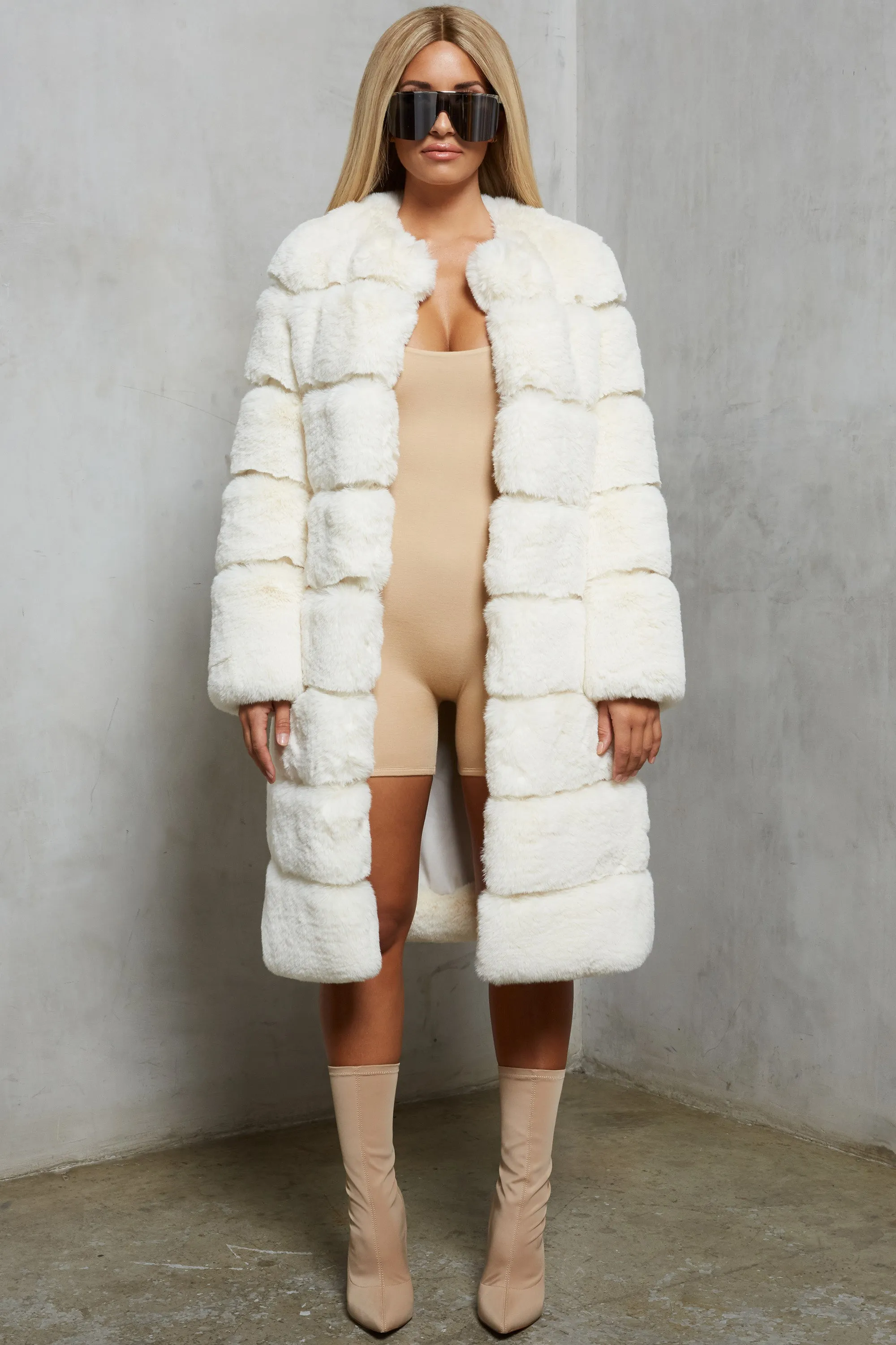 Executive Longline Panel Faux Fur Coat in Ivory