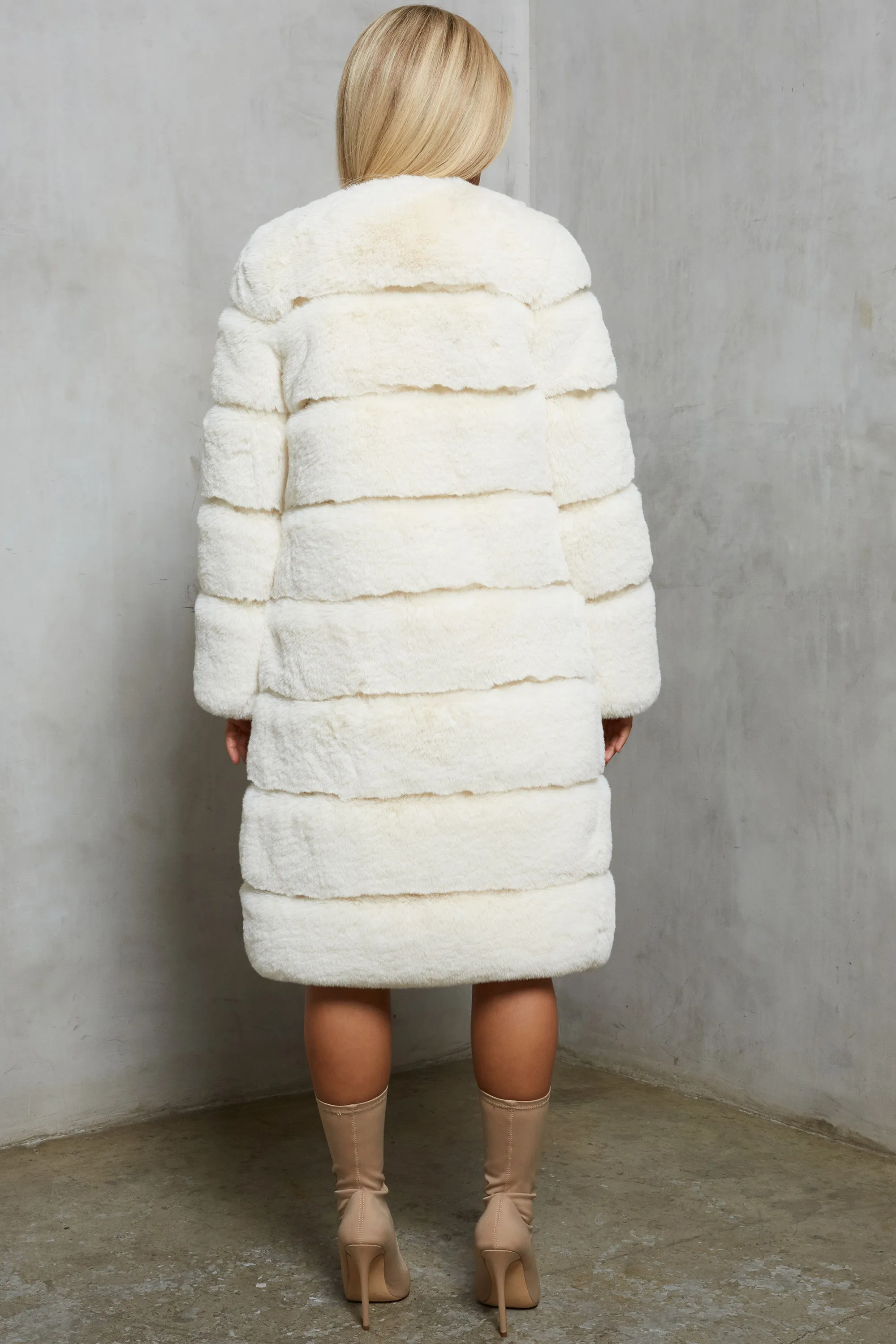 Executive Longline Panel Faux Fur Coat in Ivory