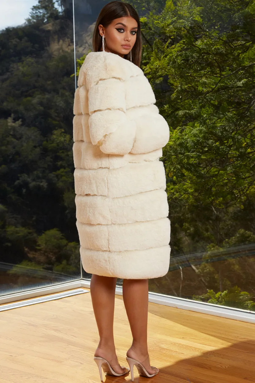 Executive Longline Panel Faux Fur Coat in Ivory