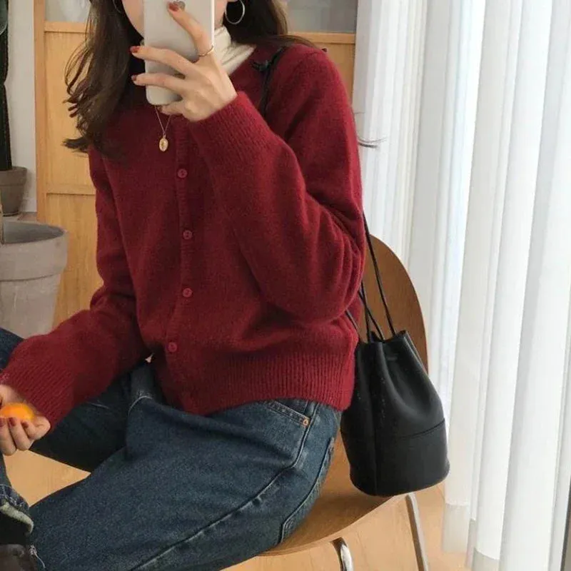 Fall Solid Color Knitted Cardigan Women Korean Single Breasted Long Sleeve Jumper Woman Round Neck All Match Sweater Outwear Top