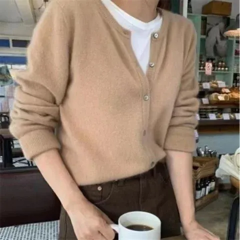 Fall Solid Color Knitted Cardigan Women Korean Single Breasted Long Sleeve Jumper Woman Round Neck All Match Sweater Outwear Top