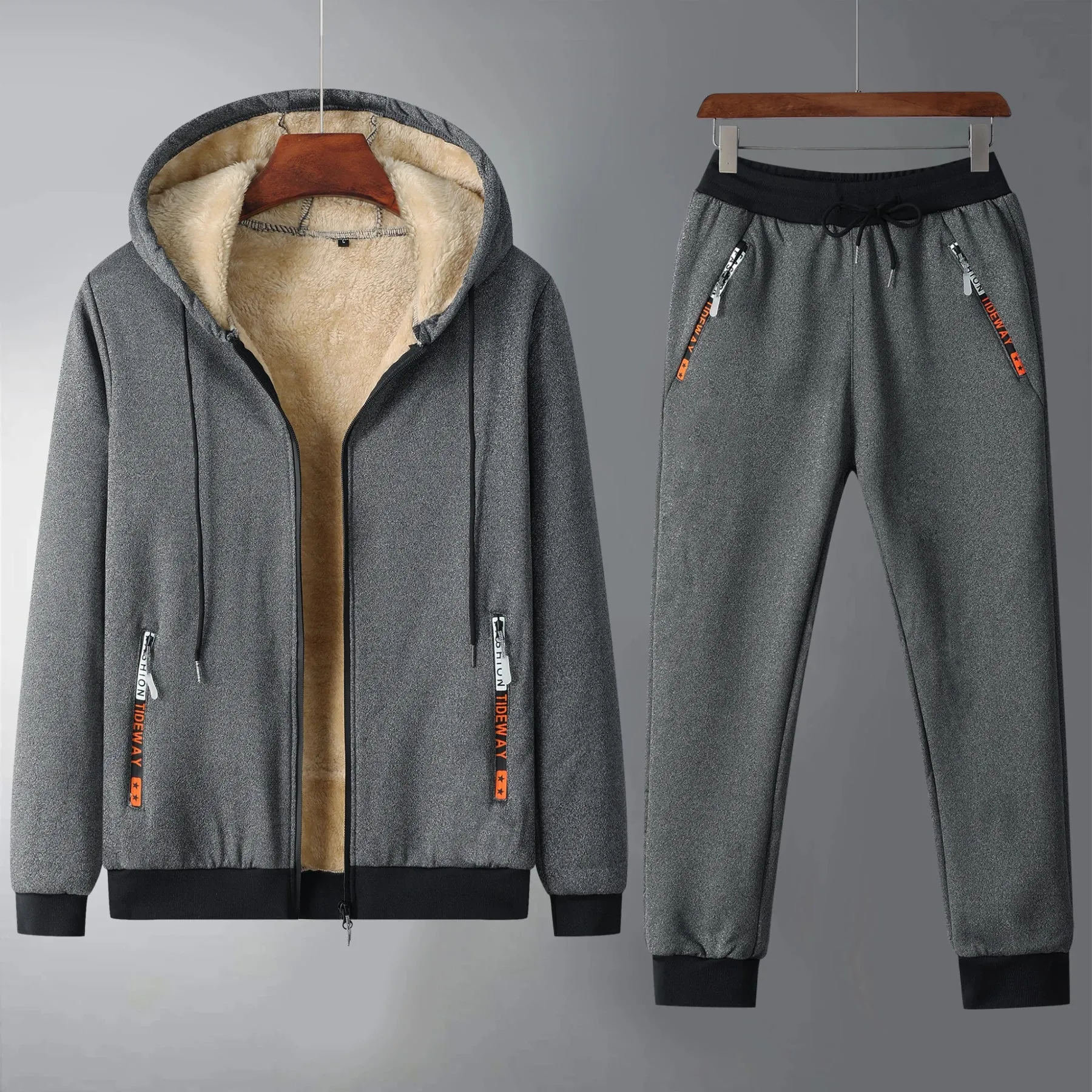 Fashion Hooded Outerwear Sportswear Suit Men Fleece Winter Set Casual Tracksuit Thick Sweatshirt Pants Winter Warm Men