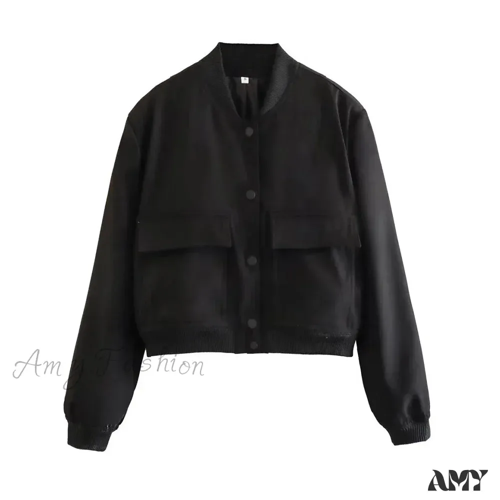 Fashion With Pockets Bomber Vintage Long Sleeve Front Button Casual Chic Jacket