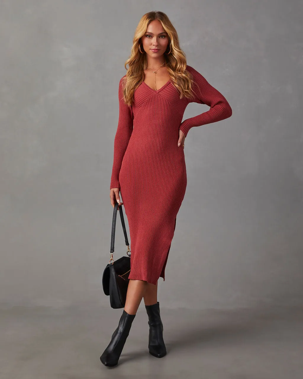 Fireside Romance Ribbed V-Neck Sweater Dress