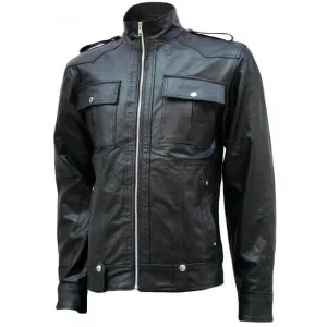 Flapper Pockets Black Leather Jacket Men