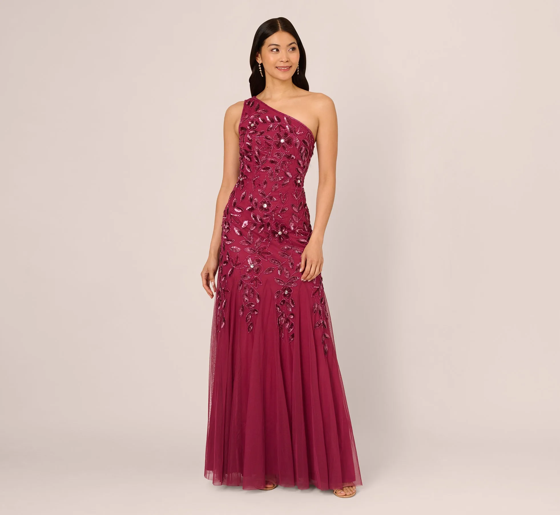 Floral Beaded One Shoulder Mermaid Gown With Godet Skirt In Shiraz