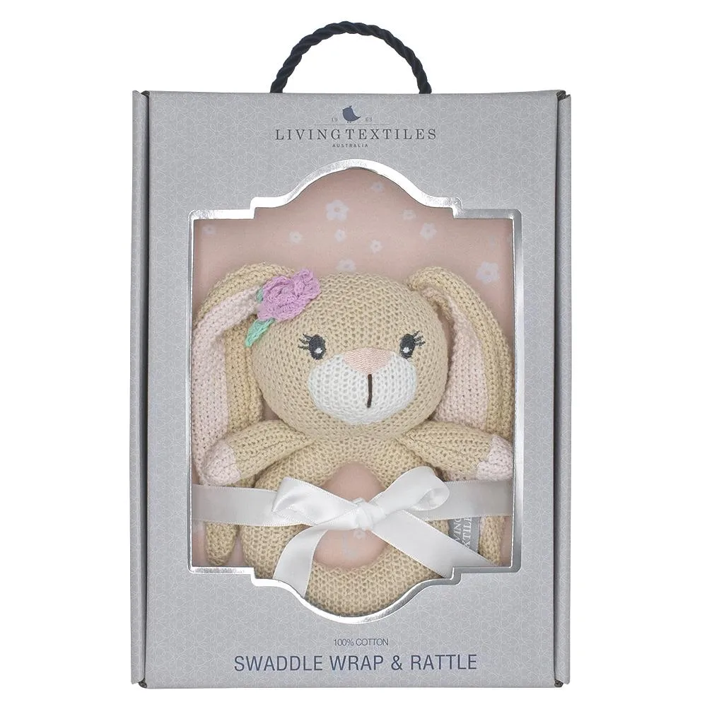 Floral Bunny 2 Piece Jersey Cotton Swaddle & Rattle Gift Set & Bonus Emma Rattle