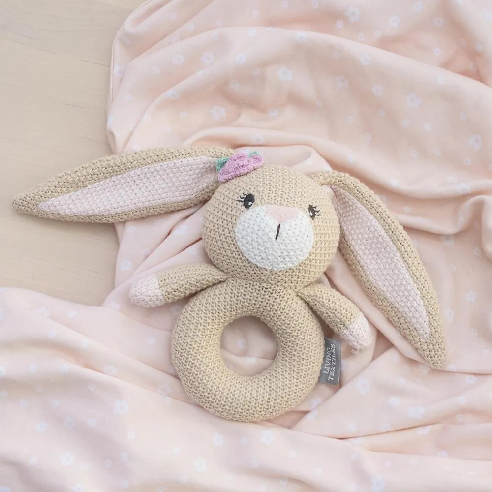 Floral Bunny 2 Piece Jersey Cotton Swaddle & Rattle Gift Set & Bonus Emma Rattle