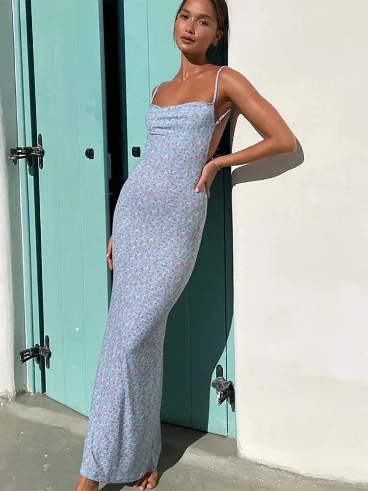 Floral Print Sleeveless Backless Boho Beach Party Club Casual Midi Dress