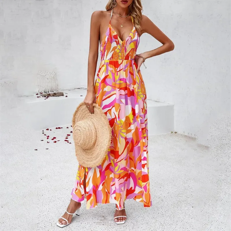 Floral Print Sling Skinny Casual Sleeveless Split Midi Dress