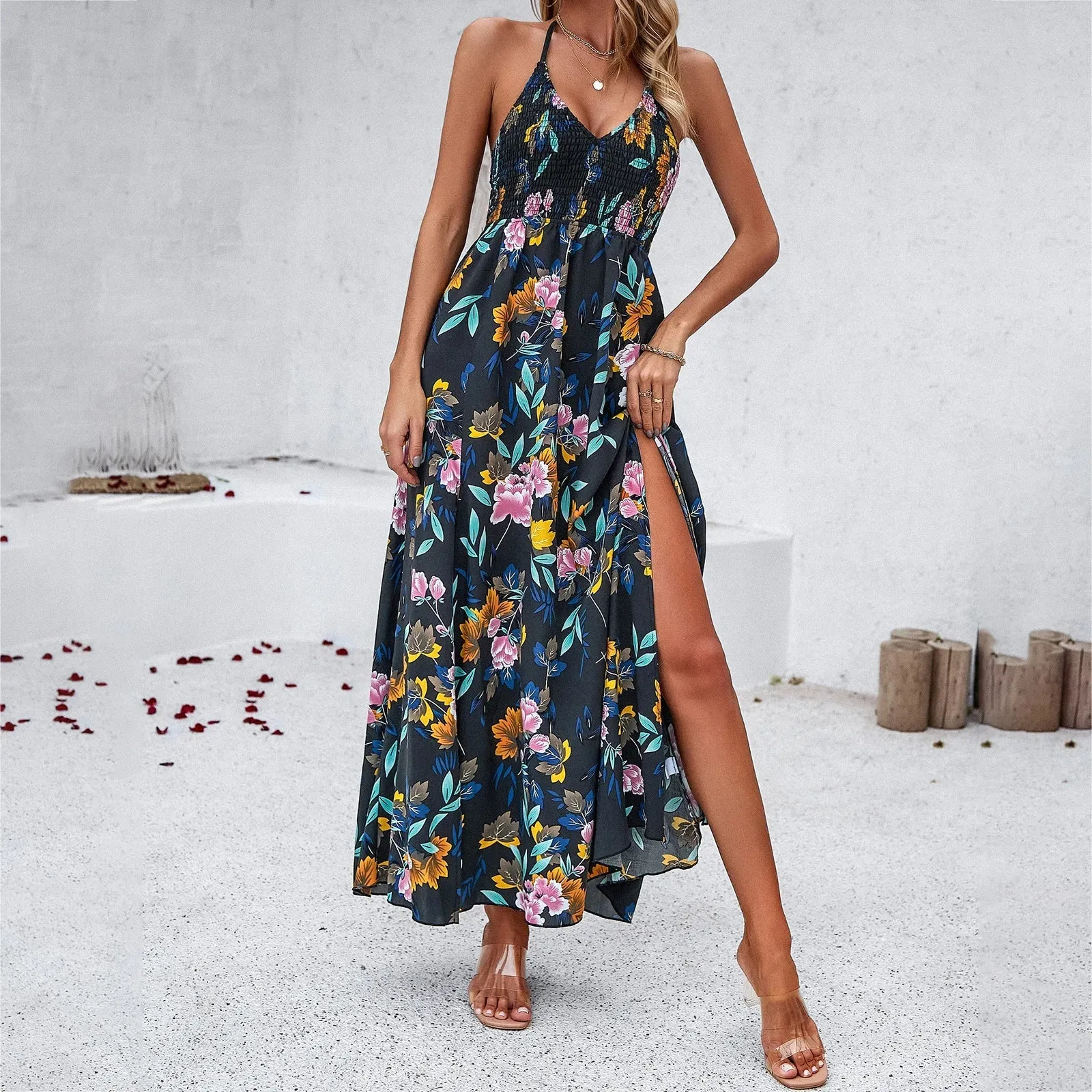 Floral Print Sling Skinny Casual Sleeveless Split Midi Dress