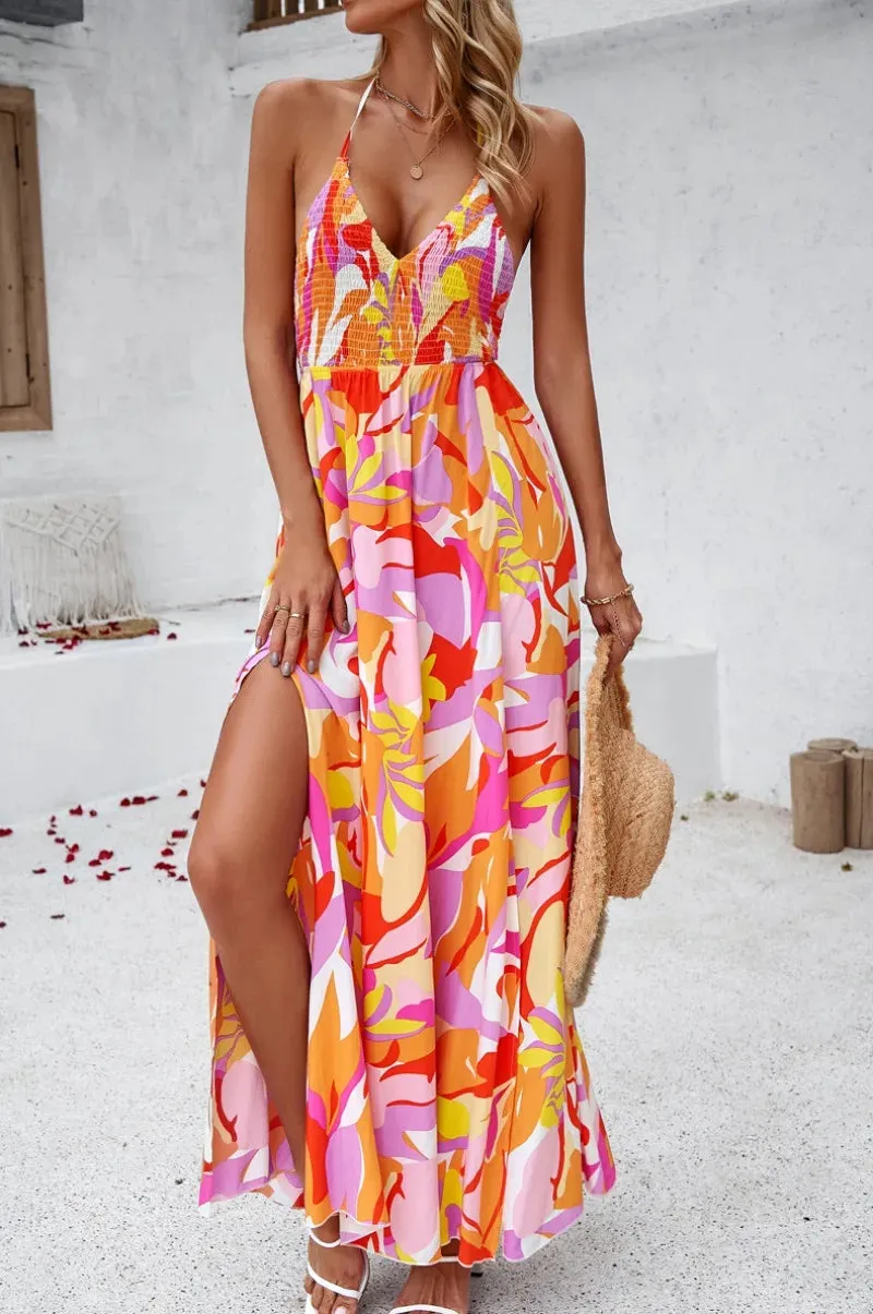 Floral Print Sling Skinny Casual Sleeveless Split Midi Dress