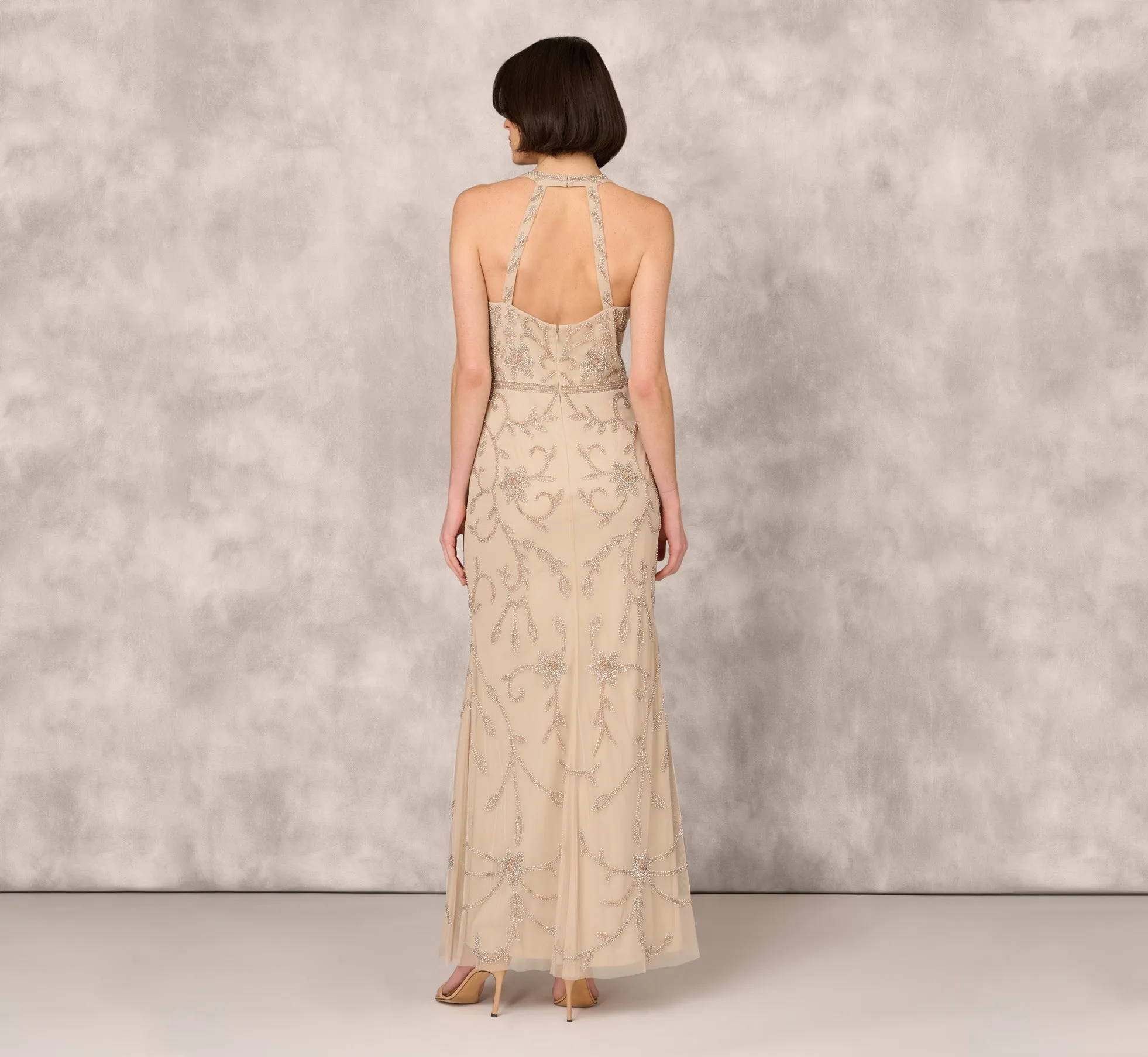 Flourish Beaded Halter Gown With Open Back In Biscotti