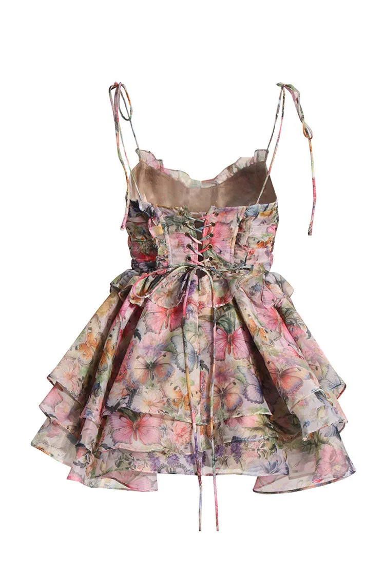 Flowy Butterfly Plunge Tie Strap Lace Up Summer Tiered Ruffle Mini Sundress