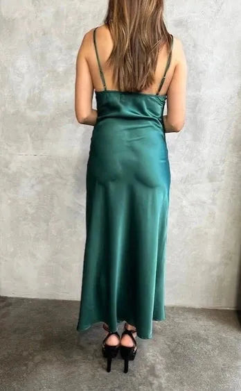 Forest Jewel Satin High Slit Maxi Dress