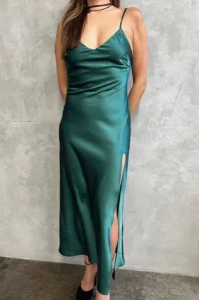 Forest Jewel Satin High Slit Maxi Dress