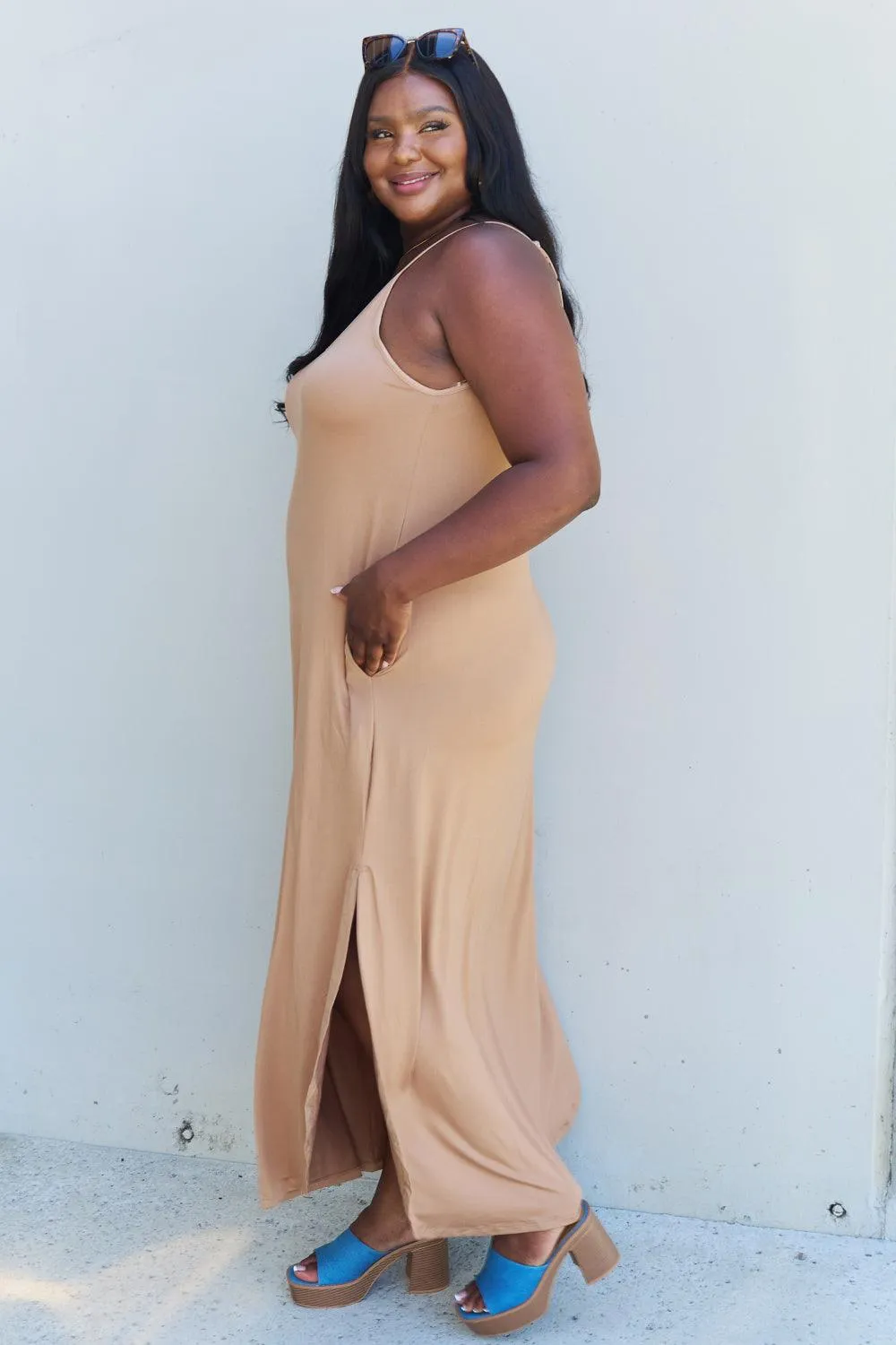 Full Size Cami Side Slit Maxi Dress in Camel