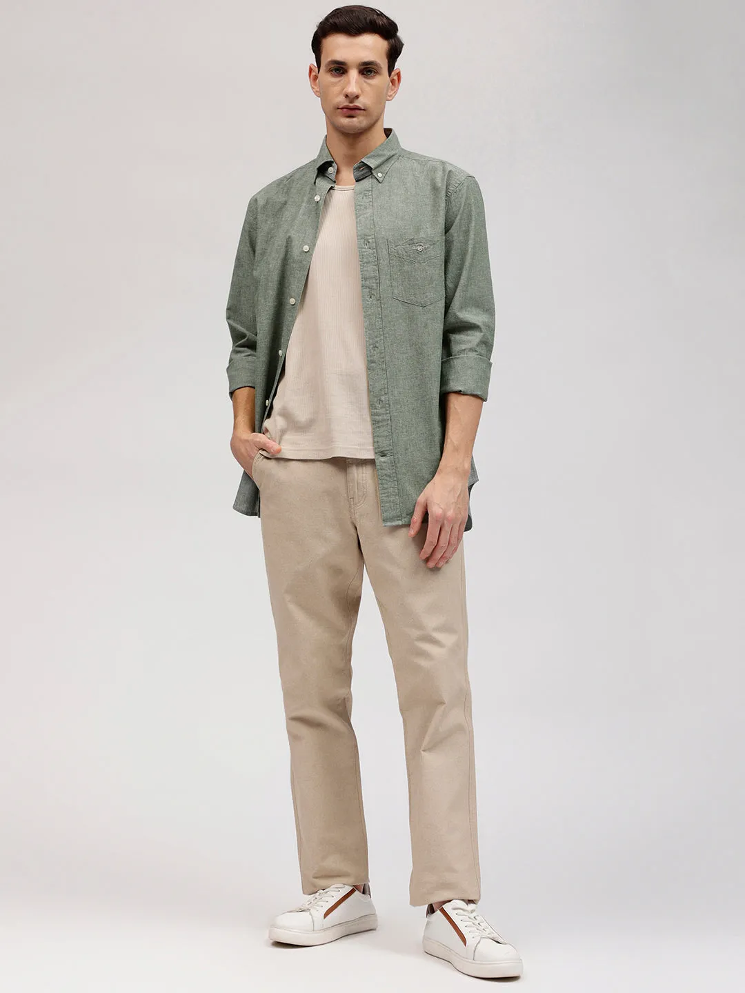 Gant Men Green Solid Button-down Collar Full Sleeves Linen Shirt