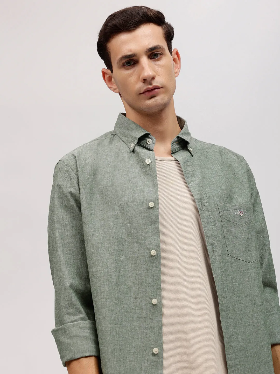 Gant Men Green Solid Button-down Collar Full Sleeves Linen Shirt