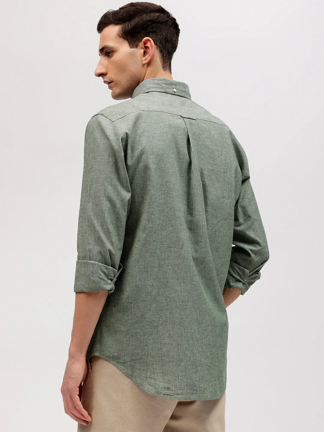 Gant Men Green Solid Button-down Collar Full Sleeves Linen Shirt